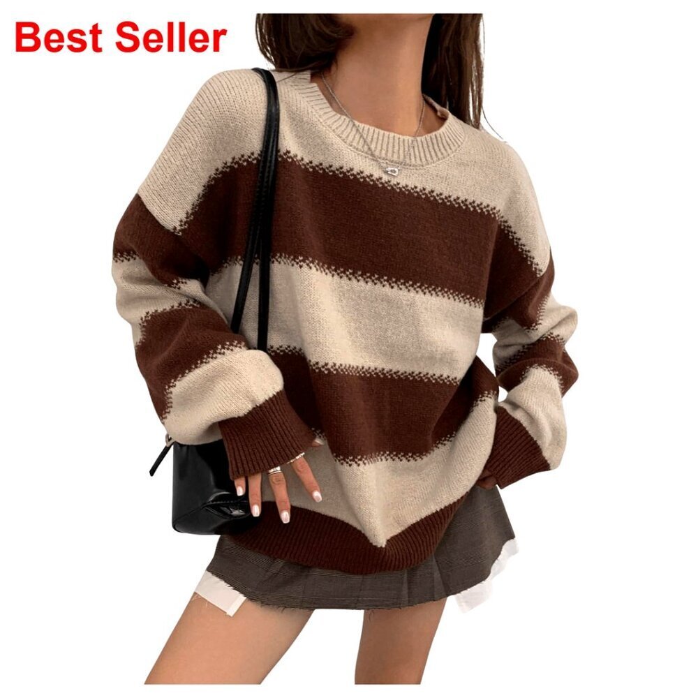 Medium Striped Viscose Pullover Sweater, Drop Shoulder Relaxed Fit